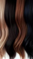 Smooth wavy hair strands in different natural colors from blonde to black, showing variety of hair dye and extension options for beauty and fashion industry.