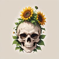 Artistic skull adorned with vibrant sunflowers and green leaves against neutral background, creating contrast between life and death symbolism. Gothic floral design.