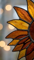 Stained glass sunflower petals in warm amber and orange tones with soft bokeh lights creating artistic home decor atmosphere for interior design projects.