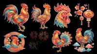 Colorful Chinese zodiac rooster set isolated on transparent background, ready for T-shirts, stickers, sublimation, and print on demand clipart designs.