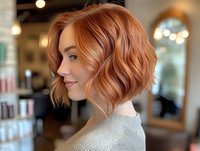 Young woman with wavy copper blonde bob haircut smiling in profile view at salon, showcasing modern short hairstyle with soft waves and warm peach tones.
