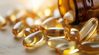 Omega-3 fish oil and vitamin D3 supplements in soft gel capsules spilled from amber bottle on wooden surface with warm lighting and selective focus.