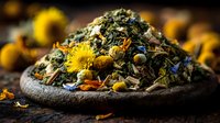 Aromatic herbal tea blend with dried flowers, berries and herbs on rustic wooden surface for natural wellness and relaxation.