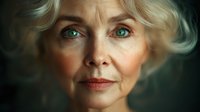 Senior woman with short gray hair and blue eyes, displaying a thoughtful expression. Suitable for healthcare, wellness, aging gracefully, and lifestyle editorial content.