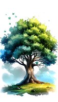 Watercolor tree with vibrant green foliage and flying leaves on white background. Artistic nature illustration for eco-friendly designs and spring concepts.