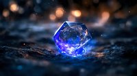 Glowing blue crystal on dark textured surface with magical bokeh lights and sparkles, mystical atmosphere for fantasy and spiritual designs.