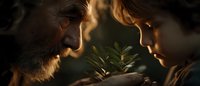 Elderly man and young woman tenderly protecting small green plant sprout in cupped hands, symbolizing environmental care, growth, and intergenerational responsibility.
