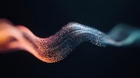 Glowing particle wave with orange and blue gradient colors flowing on dark background creates dynamic motion effect for technology presentations.