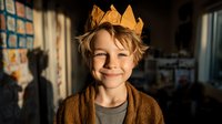 Young blonde boy wearing golden paper crown smiling in classroom setting with educational posters and learning materials in background.