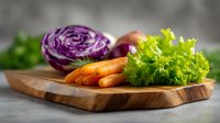 Fresh organic vegetables including purple cabbage, carrots and green lettuce arranged on rustic wooden cutting board against blurred background, healthy eating concept.