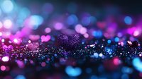 Magical glitter heart shape on dark background with colorful bokeh lights in pink and blue tones creating romantic dreamy atmosphere for valentines designs.