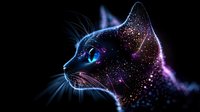 Mystical cat silhouette with cosmic galaxy texture and glowing blue eyes against dark background, sparkling stars and nebula effects create magical feline profile.
