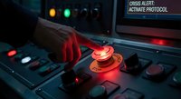 Red emergency stop button glowing on control panel with crisis alert message displayed on monitor screen for industrial safety and protocol activation.