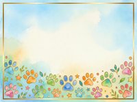 Colorful paw prints and stars border a soft watercolor sky gradient background, perfect for pet-related designs, greeting cards, and children's projects.
