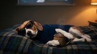 Adorable beagle puppy wearing cozy blue sweater relaxing on plaid couch with coffee mug in warm living room setting for pet care and comfort themes.