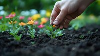 Female hand planting colorful spring flowers in rich garden soil, close-up view showing gentle care and nurturing touch in backyard gardening scene.
