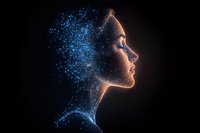 Profile silhouette of young woman dissolving into glowing blue particles against dark background, representing artificial intelligence and digital transformation.