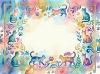 Watercolor cats and paw prints frame with pastel rainbow background. Decorative border with feline silhouettes and botanical elements for pet-themed designs.
