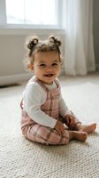 Adorable mixed-race toddler girl with curly hair in space buns sitting on carpet wearing pink plaid overalls and white shirt in bright nursery room.