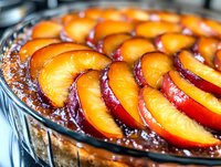 Homemade peach tart with caramelized fruit slices arranged in spiral pattern on golden pastry crust, fresh baked dessert for bakery, cafe, or cooking content.