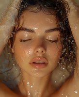 Young woman with wet face and closed eyes in golden light, water drops glistening on skin, expressing serenity and natural beauty. Perfect for beauty and wellness advertising.