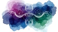 Mystical watercolor background with sacred geometry symbols and flowing energy waves in purple blue green gradient colors for spiritual design.