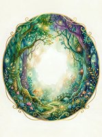 Enchanted forest portal with magical trees, flowers and golden frame creating mystical woodland entrance for fantasy storytelling and fairy tale designs.
