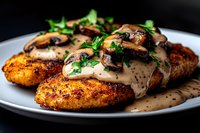 Juicy chicken breast with creamy mushroom sauce, fresh herbs and black pepper seasoning served on white plate, close up view of gourmet dinner dish.