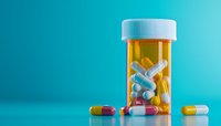 Prescription medication bottle with colorful capsules spilling onto turquoise surface, dramatic lighting creates medical healthcare concept for pharmacy and treatment.
