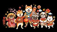 Cute dogs wearing traditional red and gold Chinese New Year costumes and holding festive decorations, isolated on transparent background. Ready for t-shirt design, clipart, stickers, print-on-demand products, and sublimation projects.