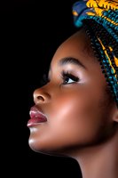 Profile portrait of African woman wearing colorful traditional headwrap against dark background, showcasing glowing skin, dramatic makeup and serene expression.