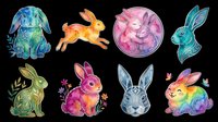 Watercolor rabbits and bunnies in vibrant colors, isolated on transparent background. Perfect for t-shirt designs, clipart, stickers, print-on-demand products, and sublimation crafts.