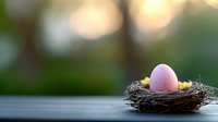 Small pink egg resting in delicate bird nest with yellow flowers against blurred natural bokeh background, creating serene spring composition for Easter designs.