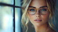 Young blonde woman wearing trendy round glasses with golden frames gazes thoughtfully through window in soft natural light, messy updo hairstyle creates casual elegant look.