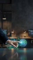 Businessman hand presenting glowing green leaf hologram with digital particles in modern office environment representing eco-friendly technology solutions.