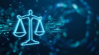 Digital justice scales glowing in blue neon light with network connections and data streams representing legal technology and cyber law enforcement.