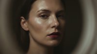Young Caucasian woman with natural makeup and glowing skin in soft lighting portrait for beauty skincare wellness lifestyle commercial use.