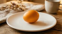 Fresh orange egg on white ceramic plate with coffee cup and wheat stalks creating rustic breakfast scene on wooden table for healthy morning meal concepts.