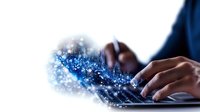 Hands typing on laptop keyboard with digital transformation effect showing data flow and technology connection on white background.
