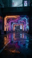 Futuristic cyberpunk tunnel with vibrant neon lights creating geometric patterns over wet asphalt street in dark urban alley with glowing advertisements.