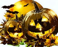 Glowing carved pumpkins with sunflowers against full moon and flying bats create spooky Halloween atmosphere. Seasonal autumn decoration for festive designs.