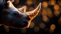 Mystical rhinoceros profile with glowing golden horn against dark background with bokeh lights, creating magical wildlife fantasy art effect.