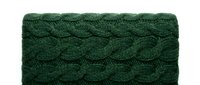 Dark green cable knit fabric texture with raised twisted pattern, suitable for fashion, textile design, and winter apparel backgrounds.