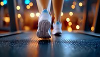Woman walking on treadmill in white sneakers at night with bokeh lights in background, close up view of feet during evening workout session at home or gym.