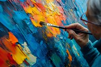 Artist hand holding paintbrush creating vibrant abstract painting with thick textured brushstrokes in blue orange yellow colors for creative artwork projects.