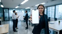 Young professional businesswoman showing blank smartphone screen in modern office with colleagues working in background.