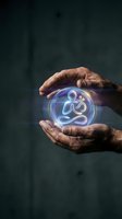 Elderly hands protecting glowing meditation figure with om symbol in luminous sphere for wellness and spiritual healing concepts.