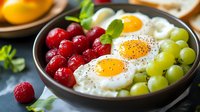 Fresh sunny side up eggs served with sweet raspberries and green grapes in dark bowl, garnished with mint leaves and black pepper, healthy breakfast concept.