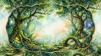 Enchanted forest clearing with ancient twisted trees forming natural archway, magical fairy tale landscape with mystical atmosphere and soft lighting.