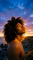 Young African American man with curly hair enjoying peaceful sunset moment by ocean coast with dramatic colorful sky for wellness and mindfulness concepts.